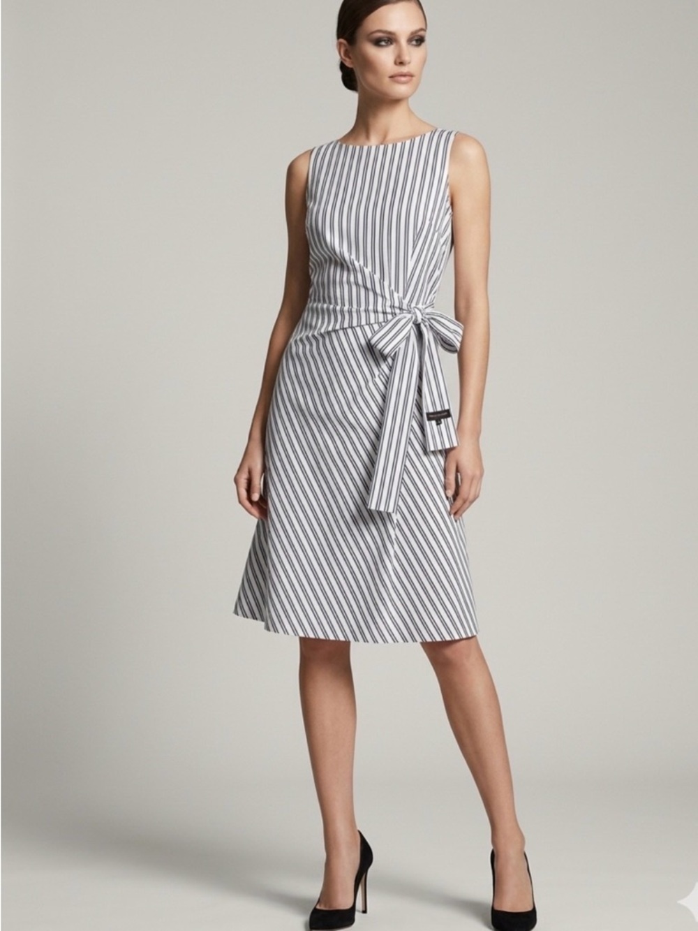 NWT Donna Karan Black and White Striped Tie-Waist Midi Dress